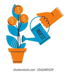 hand holds a watering can and waters an isolated money tree on a white background. the concept of investment and financial literacy. flat drawing with texture. EPS 10