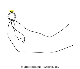 Mano sostiene el anillo de boda de una línea de arte, contorno continuo dibujado a mano. Palm con joyas, proposición matrimonial romántica,dibujo de un concepto de amor de una sola línea,diseño minimalista.Acto editable.Aislado.Vector