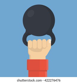 Hand holds weight. Simple, flat style. Graphic vector illustration.