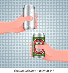 Hand holds a wet aluminum can. Realistic beer cans with and without labels on transparent background. Mock up template. Vector illustration