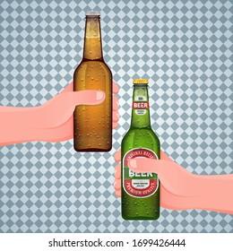 Hand holds a wet beer bottle. Realistic green and brown beer bottles with and without labels on transparent background. Mock up template. Vector illustration