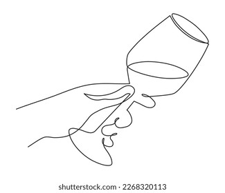 Hand holds wine clinking glass one line art,continuous drawing contour.Cheers toast festive hand drawn decoration for holidays,romantic Valentine's Day design.Editable stroke. Isolated.Vector 