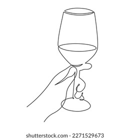 Hand holds wine clinking glass one line art,continuous drawing contour.Cheers toast festive hand drawn decoration for holidays,romantic Valentine's Day design.Editable stroke. Isolated.Vector 