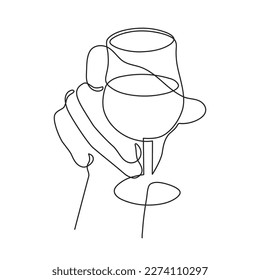 Hand holds wine clinking glass one line art,continuous drawing contour.Cheers toast festive hand drawn decoration for holidays,romantic Valentine's Day design.Editable stroke. Isolated.Vector 