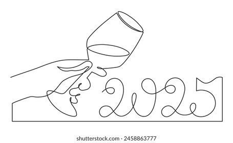 Hand holds wine clinking glass celebrating 2025 new year,one line art,continuous drawing contour.Cheers toast,festive hand drawn holiday decoration,simple minimalist design.Editable stroke.Isolated.