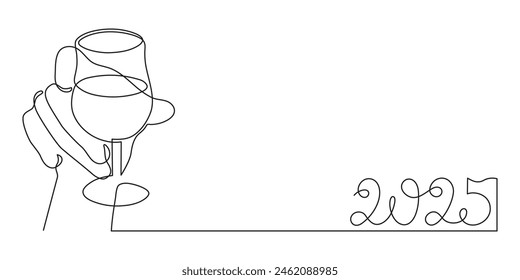 Hand holds wine clinking glass celebrating 2025 new year,one line art,continuous drawing contour.Cheers toast,festive hand drawn holiday decoration,simple minimalist design.Editable stroke.Isolated.