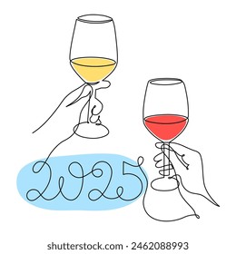Hand holds wine clinking glass celebrating 2025 new year,one line art,continuous drawing contour.Cheers toast,festive hand drawn holiday decoration,simple minimalist design.Editable stroke.Isolated.