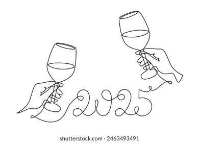 Hand holds wine clinking glass celebrating 2025 new year,one line art,continuous drawing contour.Cheers toast,festive hand drawn holiday decoration,simple minimalist design.Editable stroke.Isolated.