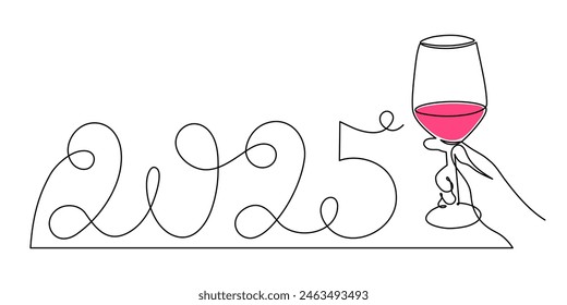 Hand holds wine clinking glass celebrating 2025 new year,one line art,continuous drawing contour.Cheers toast,festive hand drawn holiday decoration,simple minimalist design.Editable stroke.Isolated.