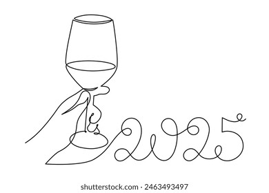 Hand holds wine clinking glass celebrating 2025 new year,one line art,continuous drawing contour.Cheers toast,festive hand drawn holiday decoration,simple minimalist design.Editable stroke.Isolated.