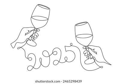 Hand holds wine clinking glass celebrating 2025 new year,one line art,continuous drawing contour.Cheers toast,festive hand drawn holiday decoration,simple minimalist design.Editable stroke.Isolated.