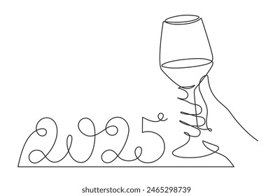 Hand holds wine clinking glass celebrating 2025 new year,one line art,continuous drawing contour.Cheers toast,festive hand drawn holiday decoration,simple minimalist design.Editable stroke.Isolated.