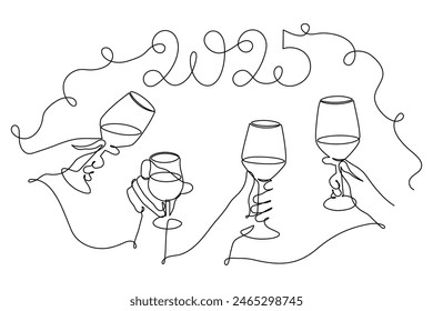 Mano sostiene el vidrio de tintado de vino que celebra el año nuevo 2025, arte de una línea, contorno de dibujo continuo. Brindis de salud, decoración festiva de vacaciones dibujada a mano, diseño minimalista simple. Trazo editable. Aislado.