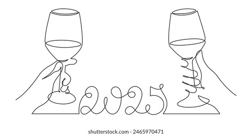 Hand holds wine clinking glass celebrating 2025 new year,one line art,continuous drawing contour.Cheers toast,festive hand drawn holiday decoration,simple minimalist design.Editable stroke.Isolated.