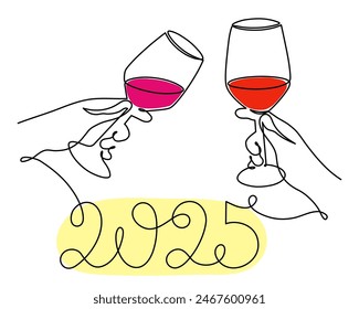 Hand holds wine clinking glass celebrating 2025 new year,one line art,continuous drawing contour.Cheers toast,festive hand drawn holiday decoration,simple minimalist design.Editable stroke.Isolated.