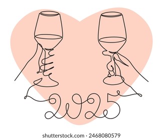 Hand holds wine clinking glass celebrating 2025 new year,one line art,continuous drawing contour.Cheers toast,festive hand drawn holiday decoration,simple minimalist design.Editable stroke.Isolated.