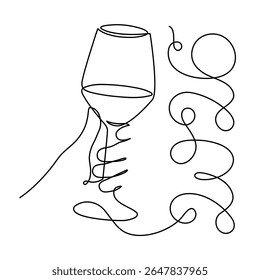 Hand holds wine clinking glass celebrating 2026 new year, one line art, continuous drawing contour. Cheers toast, festive hand-drawn holiday decoration, simple minimalist design. Editable stroke