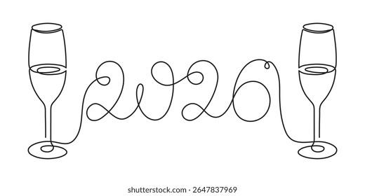 Hand holds wine clinking glass celebrating 2026 new year, one line art, continuous drawing contour. Cheers toast, festive hand-drawn holiday decoration, simple minimalist design. Editable stroke