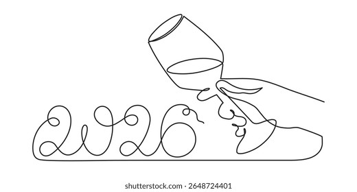 Hand holds wine clinking glass celebrating 2026 new year, one line art, continuous drawing contour. Cheers toast, festive hand-drawn holiday decoration, simple minimalist design. Editable stroke