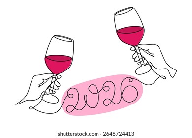 Hand holds wine clinking glass celebrating 2026 new year, one line art, continuous drawing contour. Cheers toast, festive hand-drawn holiday decoration, simple minimalist design. Editable stroke