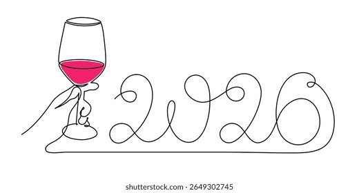 Hand holds wine clinking glass celebrating 2026 new year, one line art, continuous drawing contour. Cheers toast, festive hand-drawn holiday decoration, simple minimalist design. Editable stroke