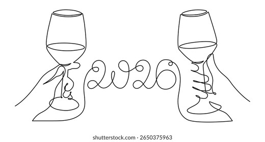 Hand holds wine clinking glass celebrating 2026 new year, one line art, continuous drawing contour. Cheers toast, festive hand-drawn holiday decoration, simple minimalist design. Editable stroke