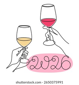 Hand holds wine clinking glass celebrating 2026 new year, one line art, continuous drawing contour. Cheers toast, festive hand-drawn holiday decoration, simple minimalist design. Editable stroke