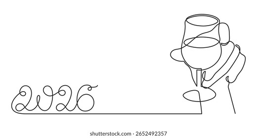 Mão detém vidro de clinking de vinho comemorando 2026 ano novo, uma arte de linha, contorno de desenho contínuo. Torrada de alegria, decoração festiva de férias desenhadas à mão, design minimalista simples. Traçado editável