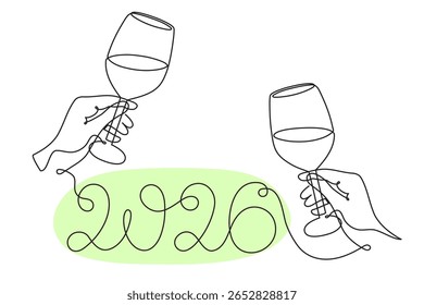 Mão detém vidro de clinking de vinho comemorando 2026 ano novo, uma arte de linha, contorno de desenho contínuo. Torrada de alegria, decoração festiva de férias desenhadas à mão, design minimalista simples. Traçado editável