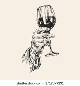 Hand Holds a Wine Glass. Alcoholic Drink. Hand Drawing Vector Illustration