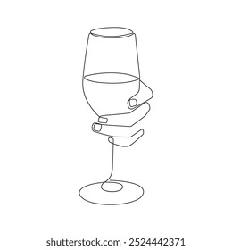 Mano Sostiene Vidrio De Vino Línea De Vector De Dibujo De Arte. Abstractas Dibujo De Boceto Negro De Vidrio De Vino. Ilustración de Festiva de Vector para diseño minimalista.