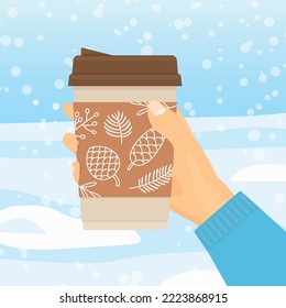 hand holds winter, christmas take away coffee, chocolate, tea - vector illustration