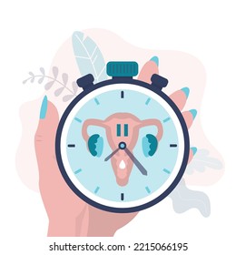 Hand holds woman biological clocks, limited fertility. Medical concept, feminine age. Menopause. Climacteric. Women's health. Menstrual periods. Vector illustration with uterus, clock and flowers.