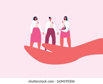Hand holds women with pink ribbons on their chest as a symbol of support. Breast cancer awareness campaign. Flat vector illustration.