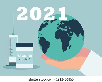 hand holds world and vaccine vial syringe medicine vector illustration