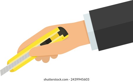 A hand holds a yellow cutter on a white background in flat design style