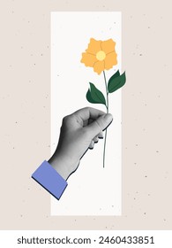 Una mano sostiene una flor amarilla. Ilustración vectorial en un estilo de collage moderno