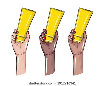 Hand holiding cream bottle illustration, Women arm with beauty treatment products. VEctor  international design. 