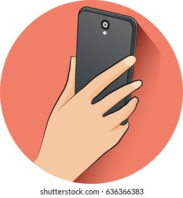 Hand holing black mobile phone, Using mobile smart phone, flat design style. vector illustration