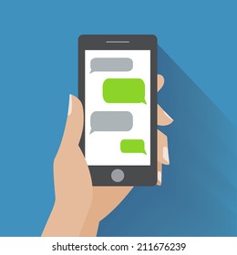 Hand holing black smartphone with blank speech bubbles for text. Text messaging flat design concept. Eps 10 vector illustration
