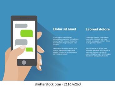 Hand holing black smartphone with blank speech bubbles for text. Text messaging flat design concept. Eps 10 vector illustration