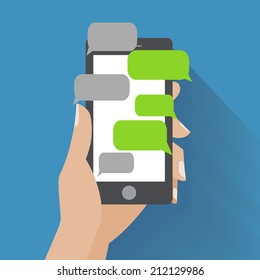 Hand Holing Black Smartphone Similar To Iphon With Blank Speech Bubbles For Text. Text Messaging Flat Design Concept. Eps 10 Vector Illustration