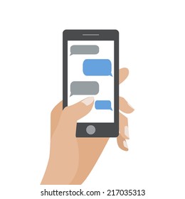 Hand Holing Black Smartphone Similar To Iphon With Blank Speech Bubbles For Text. Text Messaging Flat Design Concept. Eps 10 Vector Illustration