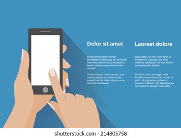 Hand holing black smartphone, touching blank white screen. Using mobile smart phone, flat design concept. Eps 10 vector illustration