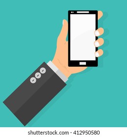 Hand holing black smartphone, touching blank screen. Using mobile smart phone similar to iphon, flat design concept. Eps 10 vector illustration