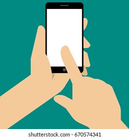 Hand holing black smartphone, touching blank white screen. Using mobile smart phone, flat design concept. Vector illustration