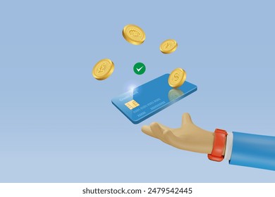 Hand holing credit card with foreign currency exchange. Money spending with secure protection., online banking, financial and online shopping. 3D vector.