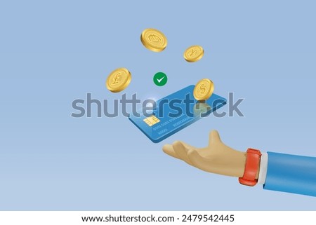 Hand holing credit card with foreign currency exchange. Money spending with secure protection., online banking, financial and online shopping. 3D vector.
