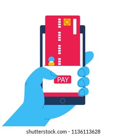 Hand holing smart phone with buy button on the screen. E-commerce flat design concept. Using mobile smart phone similar to iphon for online purchasing