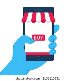 Hand holing smart phone with buy button on the screen. E-commerce flat design concept. Using mobile smart phone similar to iphon for online purchasing